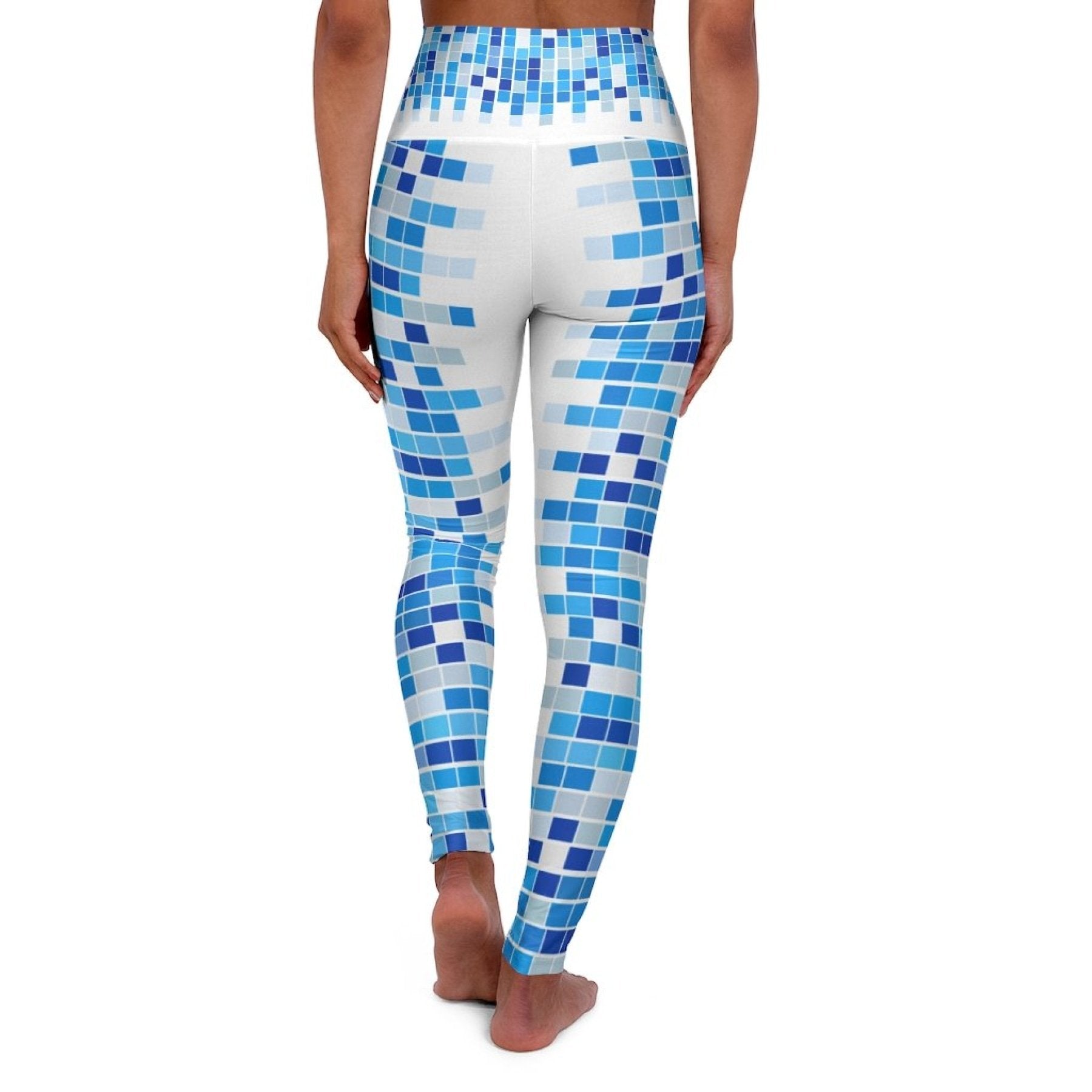 High Waisted Yoga Leggings, Blue And White Mosaic Square Style Pants