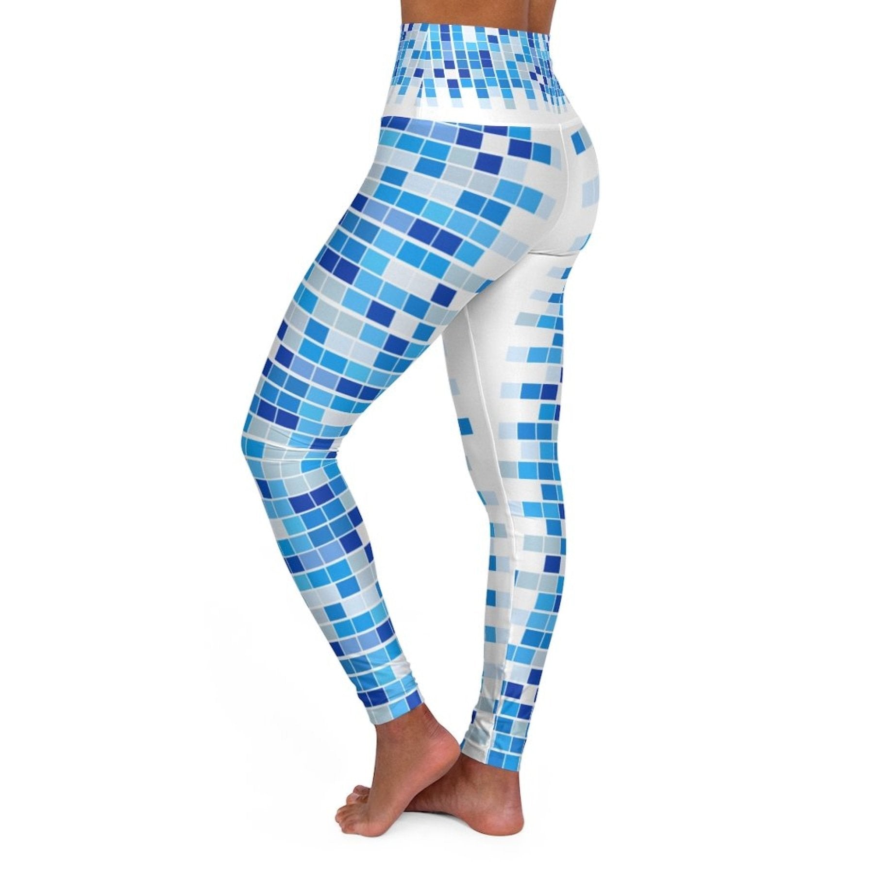 High Waisted Yoga Leggings, Blue And White Mosaic Square Style Pants