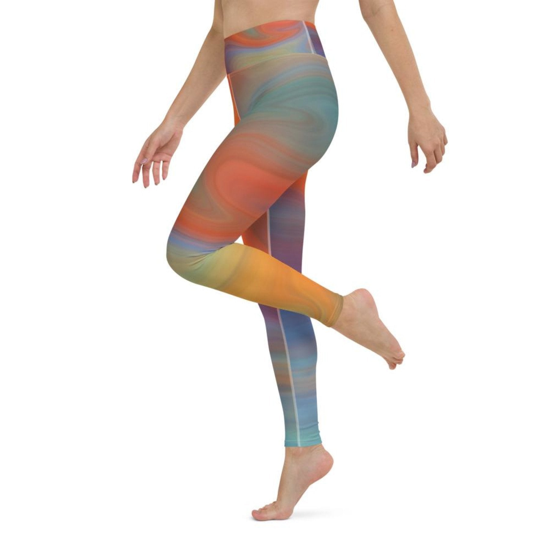 Womens Leggings - Orange Swirl White Seam High Waist Fitness Yoga Pants