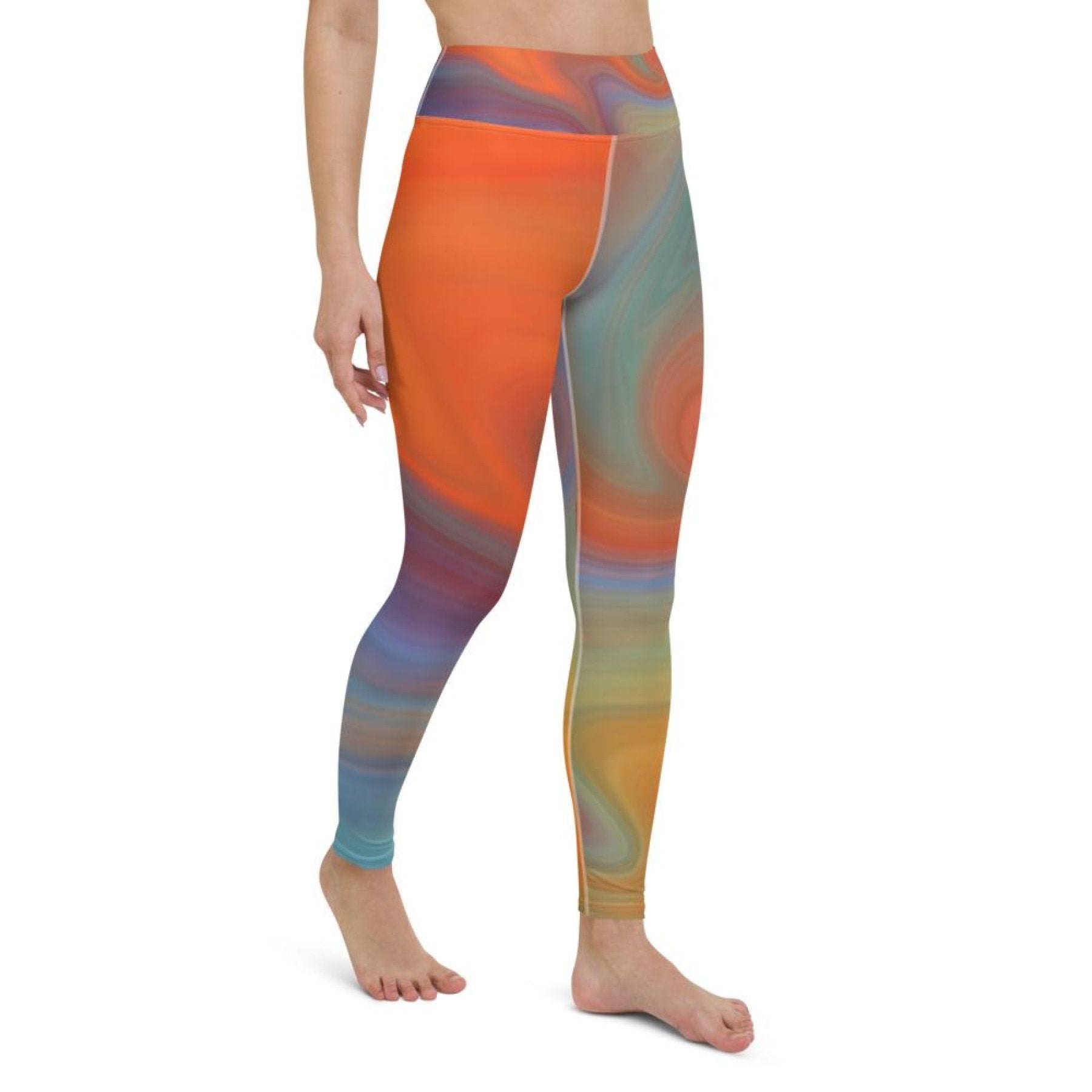 Womens Leggings - Orange Swirl White Seam High Waist Fitness Yoga Pants
